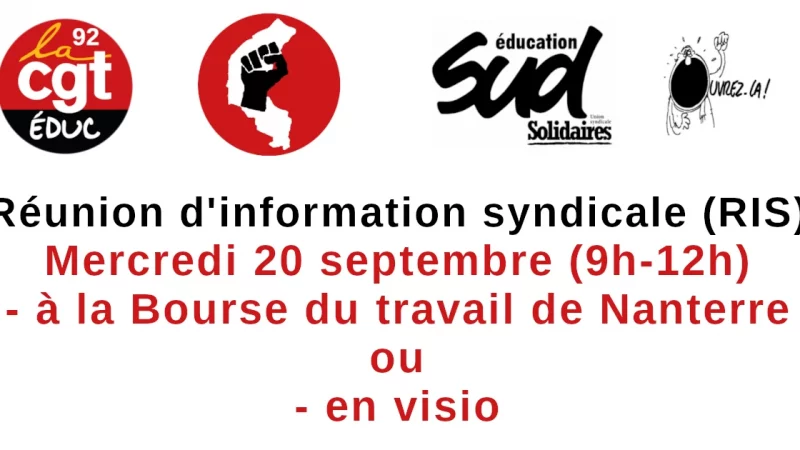 Réunion d’information syndicale CGT Éduc 92 & SUD Éduc 92 le 20 septembre 2023
