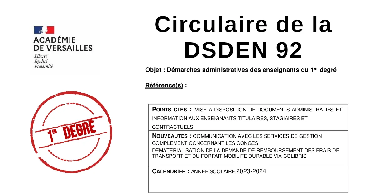 Circulaire de rentrée du 1er degré dans les Hauts-de-Seine (92) – RS 2023